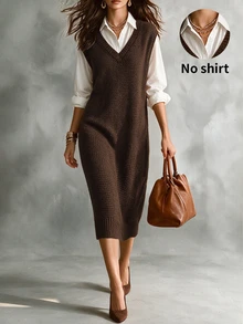 SHEIN Summer Solid Waffle Textured Knit Deep V Neck Sleeveless Split Hem Mid Length Tank Dress For Layerin Thanksgiving Dark Brown Casual Preppy Office - Brown - View 4