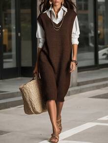 SHEIN Summer Solid Waffle Textured Knit Deep V Neck Sleeveless Split Hem Mid Length Tank Dress For Layerin Thanksgiving Dark Brown Casual Preppy Office - Brown - View 3