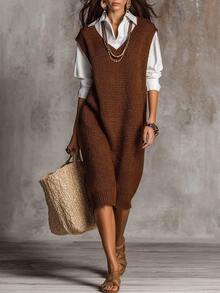 SHEIN Summer Solid Waffle Textured Knit Deep V Neck Sleeveless Split Hem Mid Length Tank Dress For Layerin Thanksgiving Dark Brown Casual Preppy Office - Brown - View 5