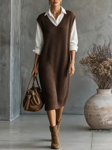 SHEIN Summer Solid Waffle Textured Knit Deep V Neck Sleeveless Split Hem Mid Length Tank Dress For Layerin Thanksgiving Dark Brown Casual Preppy Office - Brown - View 8