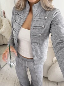 Easowa 女款短版拉鍊雙排扣拿破崙式運動休閒夾克，90年代復古學院風運動休閒風，寬鬆優雅秋季淺灰色日常穿搭 - 灰色 - 查看 6