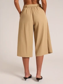 SHEIN BAE Women's Loose Casual Solid Color Back Waist Elastic Pleated Mid-Length Wide Leg Pants - Khaki - View 2