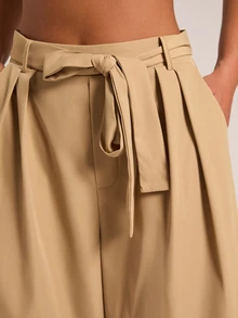 SHEIN BAE Women's Loose Casual Solid Color Back Waist Elastic Pleated Mid-Length Wide Leg Pants - Khaki - View 7
