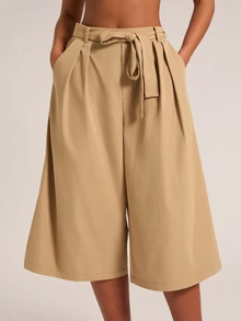 SHEIN BAE Women's Loose Casual Solid Color Back Waist Elastic Pleated Mid-Length Wide Leg Pants - Khaki - View 1