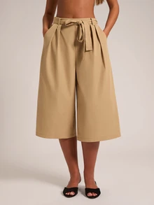SHEIN BAE Women's Loose Casual Solid Color Back Waist Elastic Pleated Mid-Length Wide Leg Pants - Khaki - View 6