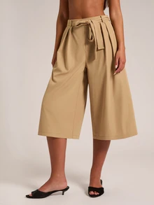 SHEIN BAE Women's Loose Casual Solid Color Back Waist Elastic Pleated Mid-Length Wide Leg Pants - Khaki - View 5