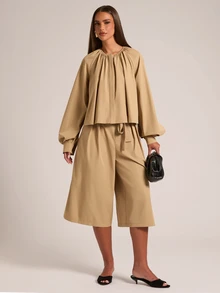 SHEIN BAE Women's Loose Casual Solid Color Back Waist Elastic Pleated Mid-Length Wide Leg Pants - Khaki - View 3