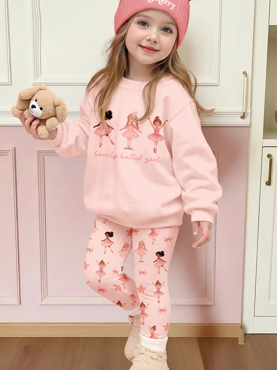 Young Girl Crew Neck Pullover Sweatshirt And Leggings Set, New Style Suitable For Autumn/Winter Daily Wear, Outings, Campus, Holidays - Multicolor - View 1