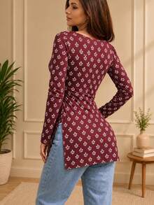 Selamara Women's All-Over Print Square Neck Long Sleeve Side Slit Hem Casual Top - Multicolor - View 2