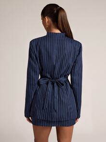 SHEIN BAE Women's Striped Long Sleeve Single Button Jacket And Skirt Suit Set,Women's Social Suit Set - Navy Blue - View 2