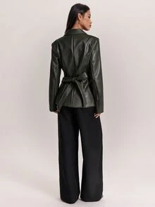 SHEIN BAE Fashionable Commuter Waist-Cinching Blazer - Olive Green - View 2