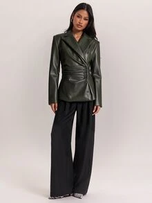 SHEIN BAE Fashionable Commuter Waist-Cinching Blazer - Olive Green - View 1