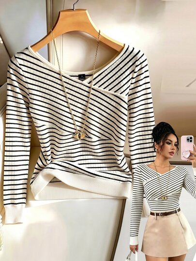 SHEIN T-shirt de manga comprida com decote em V para mulher, às riscas em damasco e preto, estilo fofo e elegante, para férias na praia, adequada para primavera, outono e inverno, top para passeios no Dia Nacional e Ano Novo, moda elegante para uso diário e deslocações, casual de escritório, versátil, estilo urbano, profissional para professora