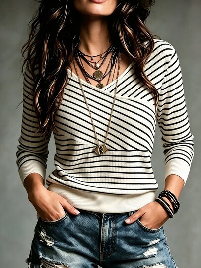 SHEIN Women's Apricot Black Striped V-Neck Long Sleeve T-Shirt, Beach Vacation, Cute And Elegant T-Shirt, Suitable For Spring And Autumn, Winter, National Day And New Year Outing Top, Elegant Fashion Daily Commute Wear, Office Casual Wear, Versatile Elegant, Urban Style, Teacher Professional