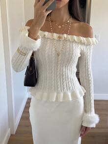 Autumina Sweater Pullover Off-Shoulder Bergaris Gaya Hot Girl Seksi Musim Gugur/Dingin untuk Wanita, Serbaguna, Siap untuk Kencan dan Foto - Putih - View 1