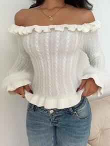 Autumina Sweater Pullover Off-Shoulder Bergaris Gaya Hot Girl Seksi Musim Gugur/Dingin untuk Wanita, Serbaguna, Siap untuk Kencan dan Foto - Putih - View 6