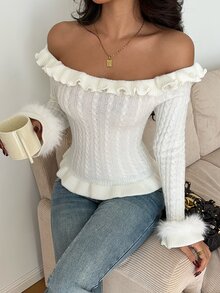 Autumina Sweater Pullover Off-Shoulder Bergaris Gaya Hot Girl Seksi Musim Gugur/Dingin untuk Wanita, Serbaguna, Siap untuk Kencan dan Foto - Putih - View 4