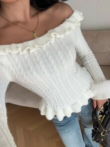 Autumina Sweater Pullover Off-Shoulder Bergaris Gaya Hot Girl Seksi Musim Gugur/Dingin untuk Wanita, Serbaguna, Siap untuk Kencan dan Foto - Putih - View 5