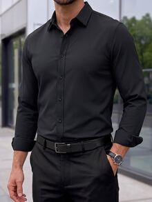 Manfinity Mode 男士素色鈕扣式正式襯衫修身版長袖純色正裝襯衫，男士修身正裝襯衫，合身男士襯衫，黑色襯衫，男士襯衫，適用於秋季、儀式 - 黑色 - 查看 3