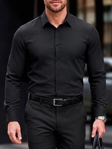 Manfinity Mode 男士素色鈕扣式正式襯衫修身版長袖純色正裝襯衫，男士修身正裝襯衫，合身男士襯衫，黑色襯衫，男士襯衫，適用於秋季、儀式 - 黑色 - 查看 4