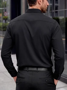 Manfinity Mode 男士素色鈕扣式正式襯衫修身版長袖純色正裝襯衫，男士修身正裝襯衫，合身男士襯衫，黑色襯衫，男士襯衫，適用於秋季、儀式 - 黑色 - 查看 5