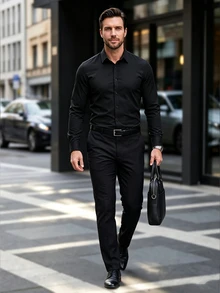 Manfinity Mode 男士素色鈕扣式正式襯衫修身版長袖純色正裝襯衫，男士修身正裝襯衫，合身男士襯衫，黑色襯衫，男士襯衫，適用於秋季、儀式 - 黑色 - 查看 6