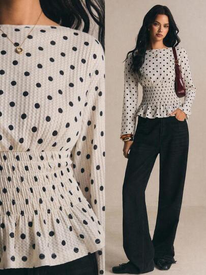 Poéselle Women's White Black Polka Dot Boat Neck Long Sleeve Shirred Waist Peplum Top,Going Out Dress,Work Outfits, Elegant Vintage Casual Fall Winter