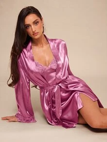 Silquee 2件套女士纯色蕾丝拼接吊带睡裙和长袖系带睡袍睡衣套装，秋冬服装 - 藕粉色 - 查看 7