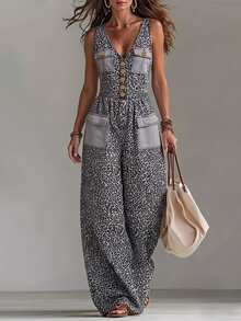 LUMIGAL Jumpsuit Denim Tanpa Lengan Kasual Longgar dengan Kancing Depan Motif Leopard untuk Wanita - Grey - View 1