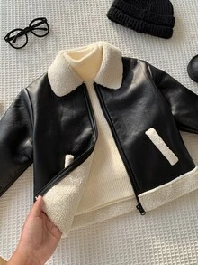 SHEIN 兒童青少年男孩休閒運動街頭風保暖內裡加厚拼接撞色黑色皮革機車夾克外套，舒適百搭時尚復古風格，適合通勤上學日常休閒度假旅行運動，秋冬穿著 - 黑色 - 查看 1