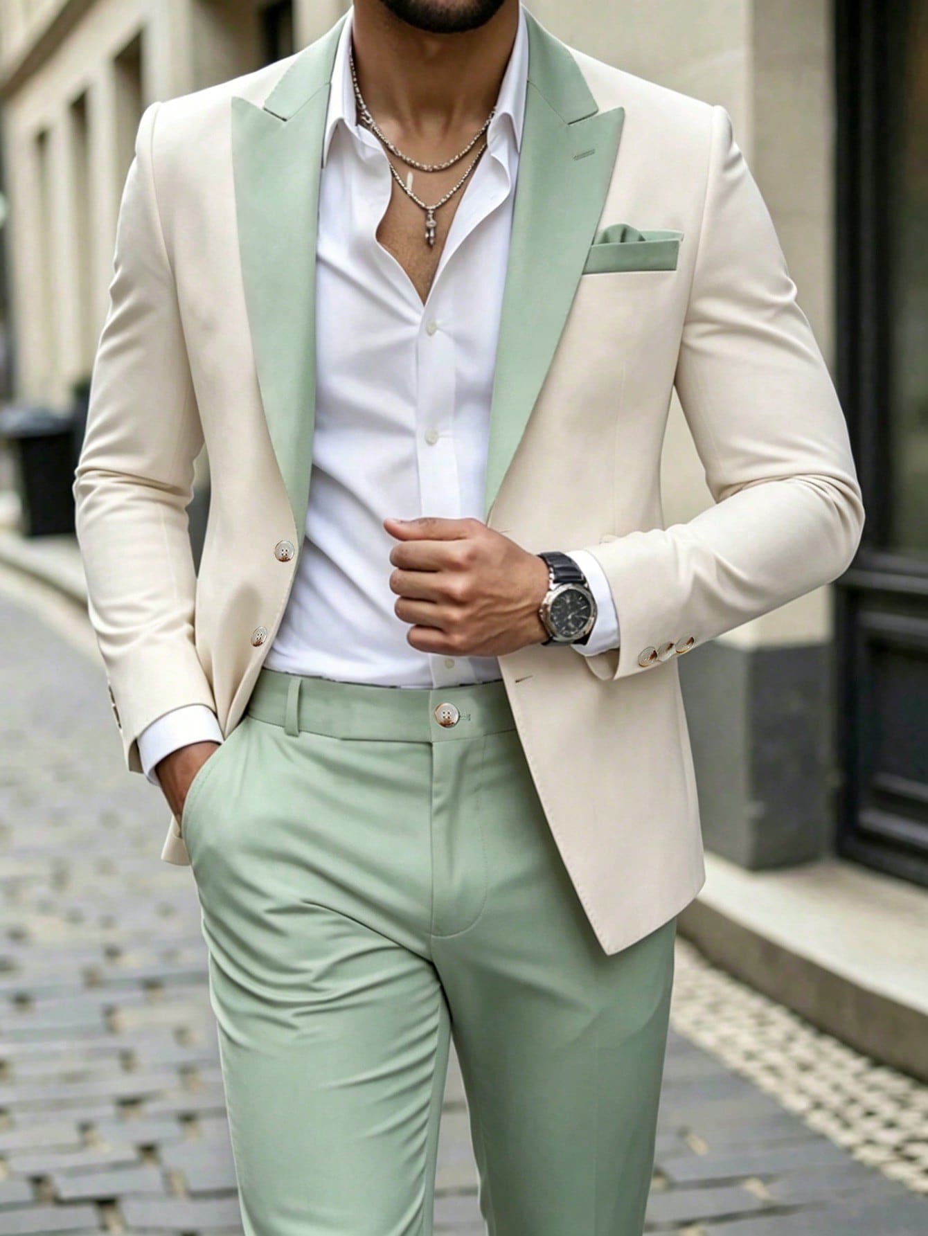 Manfinity Mode Men's Green & White Spring/Summer Wedding Suit Set, Ceremony, Formal - Multicolor - View 1