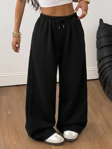 Coolane 女款大尺碼純黑色秋季休閒居家運動長褲－極簡寬鬆中腰直筒褲，附鬆緊腰帶 - 黑色 - 查看 3