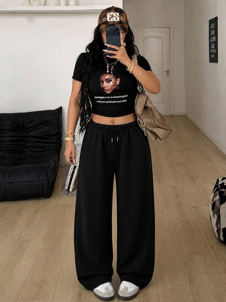 Coolane Women's Plus Size Solid Black Autumn Casual Home & Sports Pants - Minimalist Loose Mid-Waist Straight Leg Pants With Elastic Waistband Fall - Black - View 5