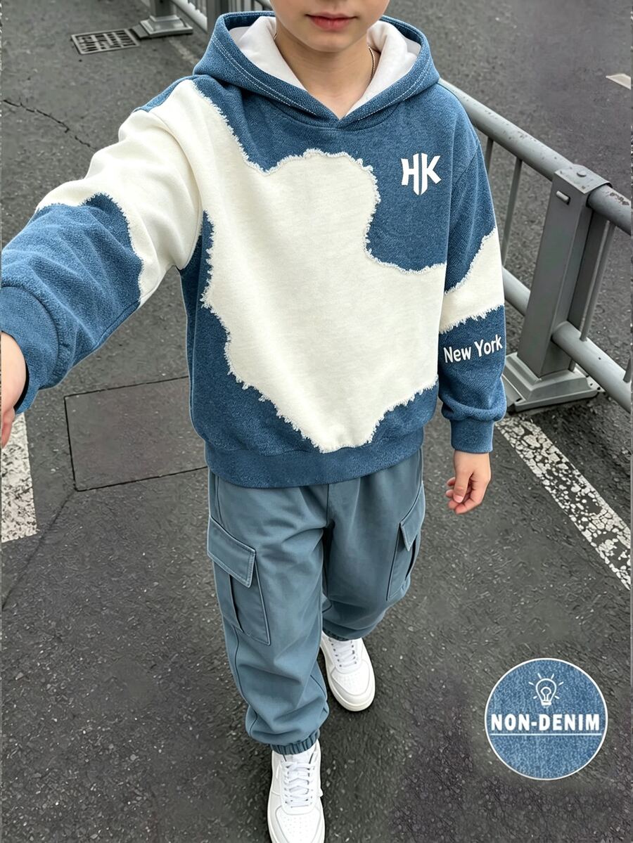 連帽長袖運動衫與工裝褲套裝,高品質時尚數位印花,適合男孩秋季穿著,舒適極簡休閒街頭風日常穿搭 - 彩色 - 查看 1