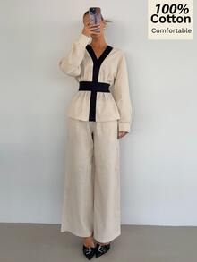 Siren Gaze 女款新款秋季純棉拼色休閒時尚優雅套裝 辦公通勤 米色黑色 - 杏色 - 查看 4