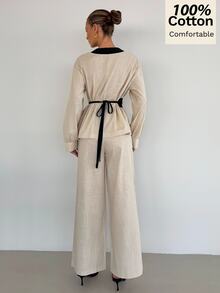 Siren Gaze 女款新款秋季純棉拼色休閒時尚優雅套裝 辦公通勤 米色黑色 - 杏色 - 查看 2