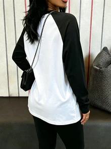 INAWLY Solva 女款時尚對比色長袖圓領上衣，休閒百搭 - 白色 - 查看 3