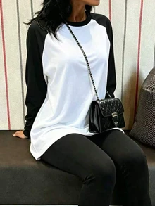 INAWLY Solva 女款時尚對比色長袖圓領上衣，休閒百搭 - 白色 - 查看 5