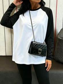 INAWLY Solva 女款時尚對比色長袖圓領上衣，休閒百搭 - 白色 - 查看 7