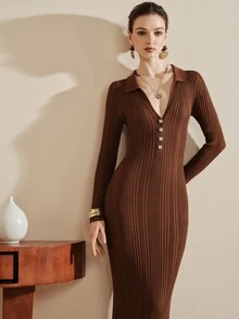 Arave 女款修身長版針織羅紋 Polo V 領鈕扣長袖洋裝，優雅復古老錢風棕色素面秋季感恩節服飾 - 咖啡棕 - 查看 5