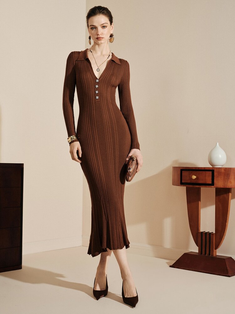 Arave Dress Slim Long Knitted Ribbed Polo V Neck Button Long Sleeve Elegant Vintage Old Money Brown Solid Fall Clothes For Women Thanksgiving - Coffee Brown - View 1