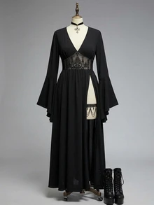 ROMWE Goth Gaun Wanita Ukuran Besar Motif Bordir Gotik Berongga, Leher V Dalam, Bahu Terbuka, Belahan Tinggi, Lengan Lonceng - Hitam - View 1