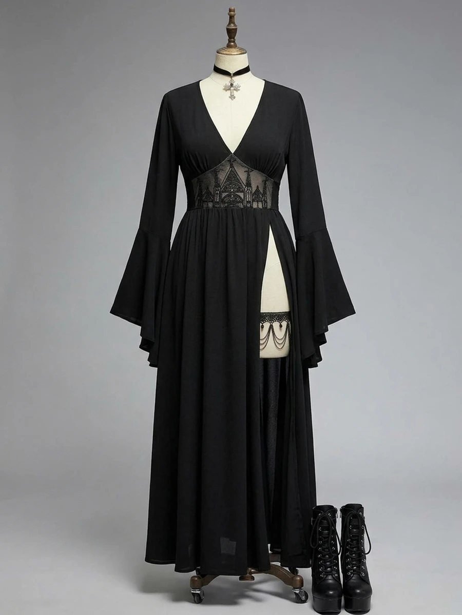 ROMWE Goth Gaun Wanita Ukuran Besar Motif Bordir Gotik Berongga, Leher V Dalam, Bahu Terbuka, Belahan Tinggi, Lengan Lonceng - Hitam - View 1