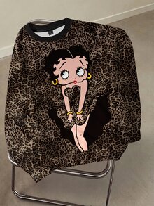 Betty Boop x SHEIN 女款時尚卡通圖案豹紋長袖運動衫 - 白色 - 查看 7