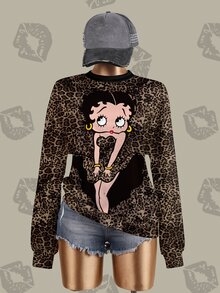 Betty Boop x SHEIN 女款時尚卡通圖案豹紋長袖運動衫 - 白色 - 查看 1