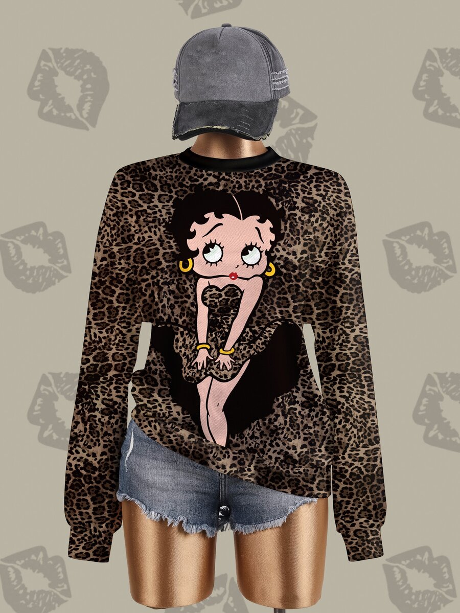 Betty Boop x SHEIN 女款時尚卡通圖案豹紋長袖運動衫 - 白色 - 查看 1