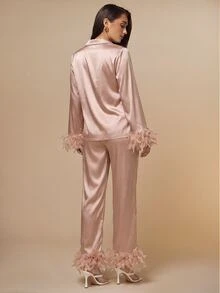 Silquee Ladies' Feather Decorated Imitation Silk Pajamas Set, Fall Winter Clothes - Champagne - View 2