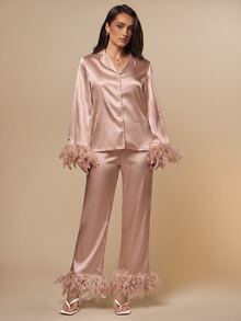 Silquee Ladies' Feather Decorated Imitation Silk Pajamas Set, Fall Winter Clothes - Champagne - View 3