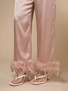 Silquee Ladies' Feather Decorated Imitation Silk Pajamas Set, Fall Winter Clothes - Champagne - View 5