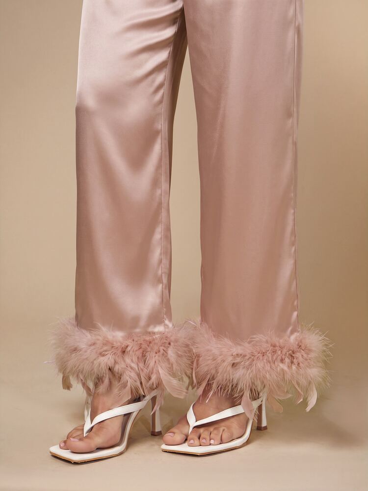 Silquee Ladies' Feather Decorated Imitation Silk Pajamas Set, Fall Winter Clothes - Champagne - View 5